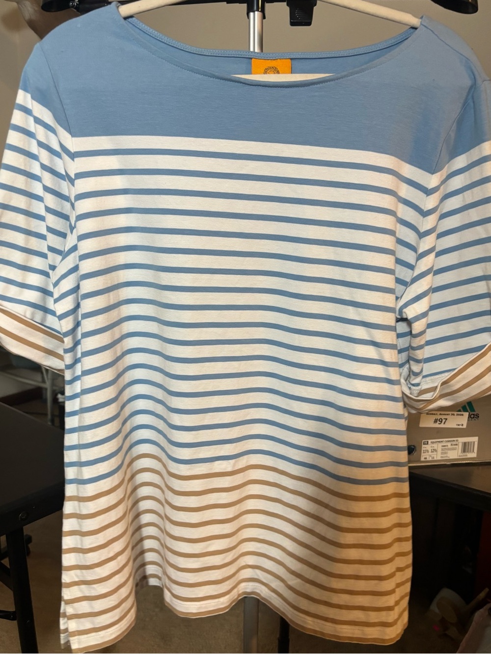 Ruby Rd. Light Blue, White & Tan Striped Short Sleeve Top